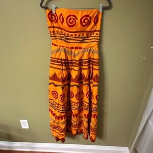 Ellen‎ Tracy Linen Strapless Maxi Dress Orange Tribal Print Geometric Sz 12 Zip